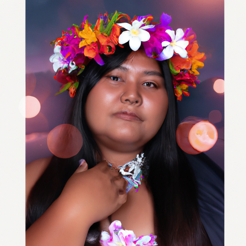 Portrait couleur de Hinatea Poma, photographe principale, couronne de fleurs, softbox
